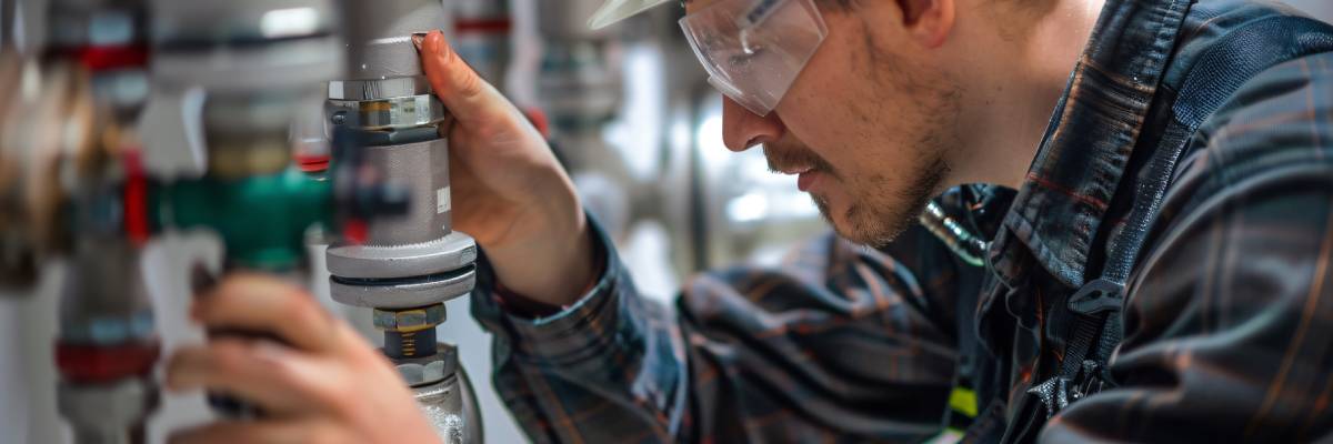 An engineer repairs industrial machinery while standing on scaffold