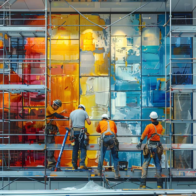 Construction workers on scaffolding painting panels on a building