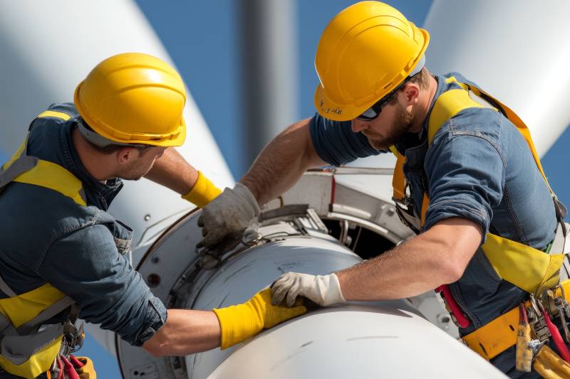 two technicians stand on scaffolding to repair a wind turbine on a bright day at a renewable energy site showcasing teamwork and safety.