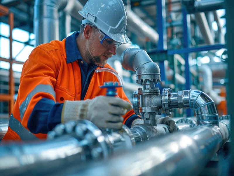 Engineer in safety gear on scaffolding working on industrial pipe system in factory