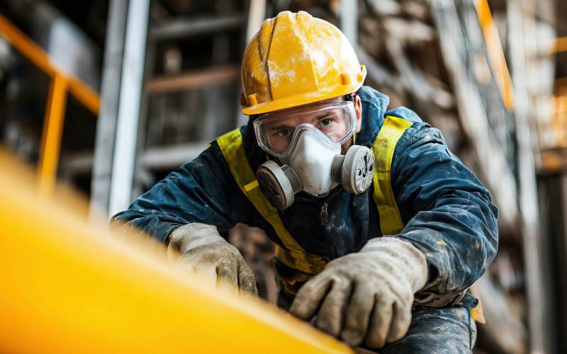 A worker in safety gear climbs scaffolding to repair machinery.