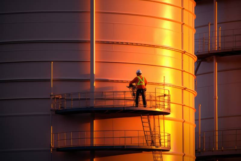 A facilities manager stands atop a scaffolding, silhouetted against the warm glow of a setting sun reflecting on giant industrial tanks.