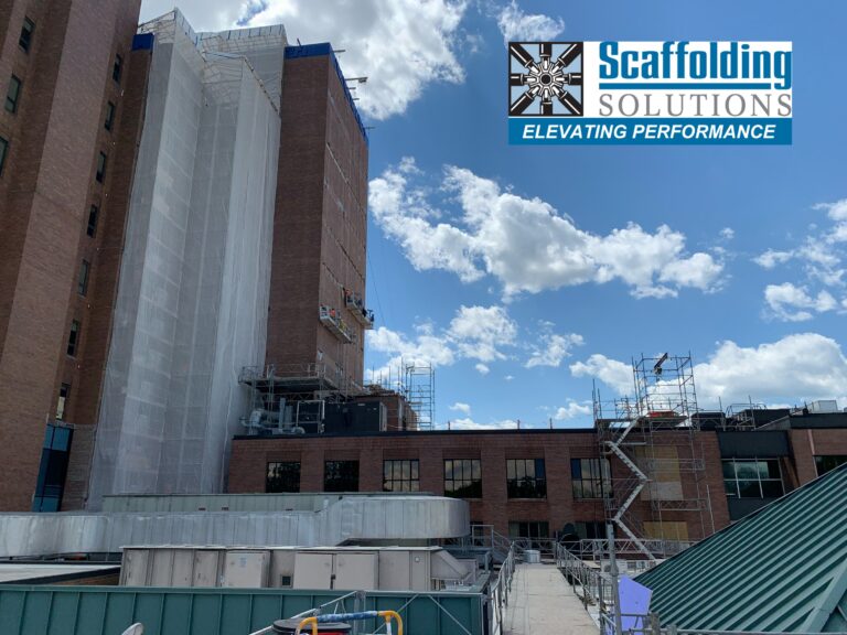 Scaffolding on the side of a commercial building