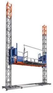 A transport platform situated between two scaffolding towers